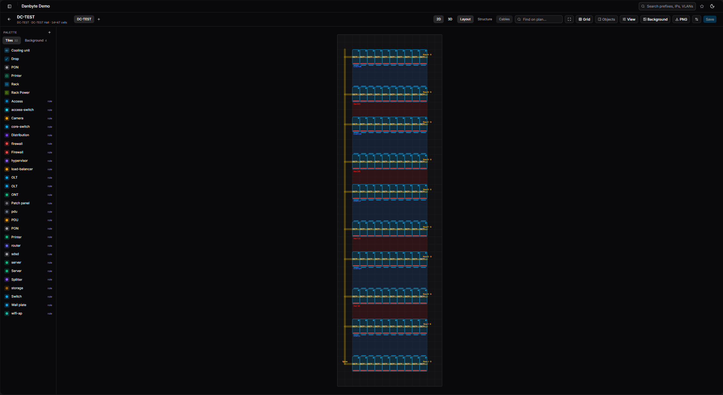 Flip to a 2D layout with hot- and cold-aisle shading