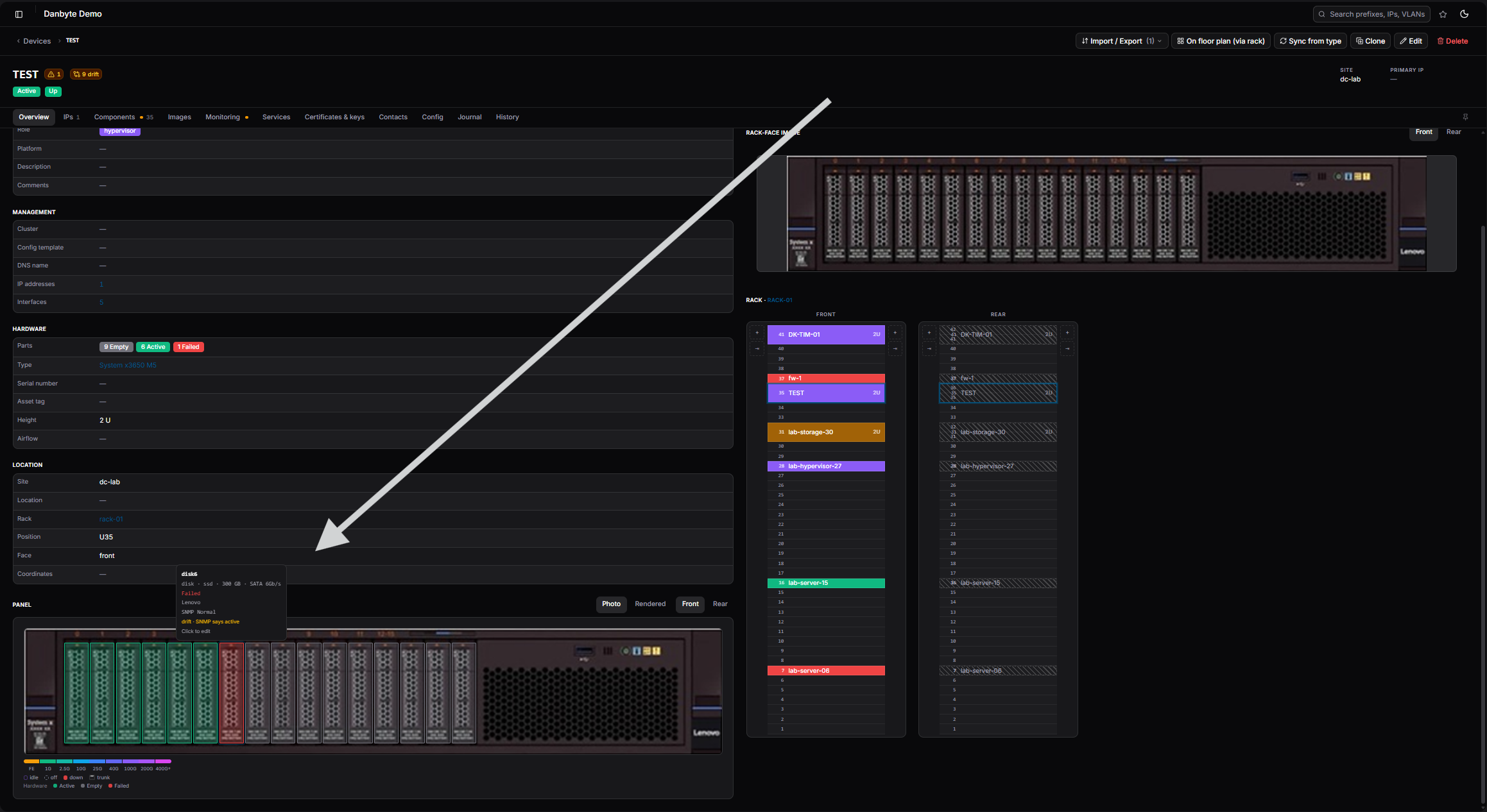 Hover a port for its details — and any drift
