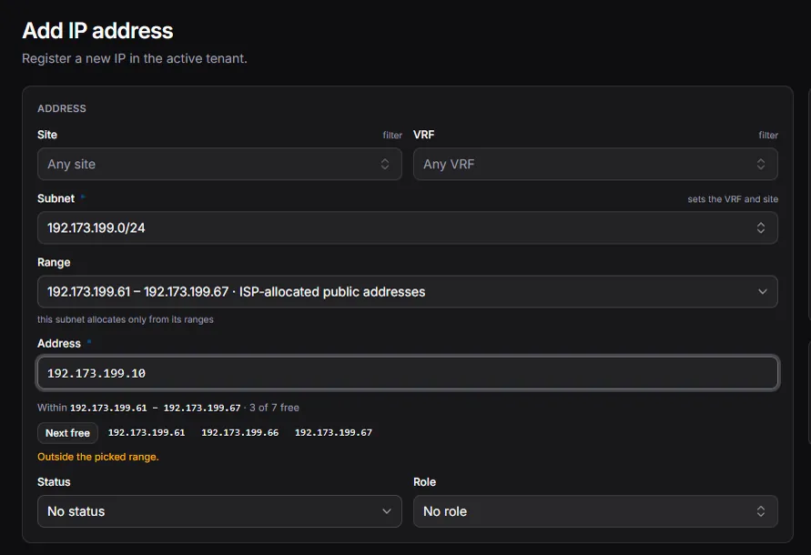 The IP form after trying an address outside the range: the refusal names the range and says what to do.
