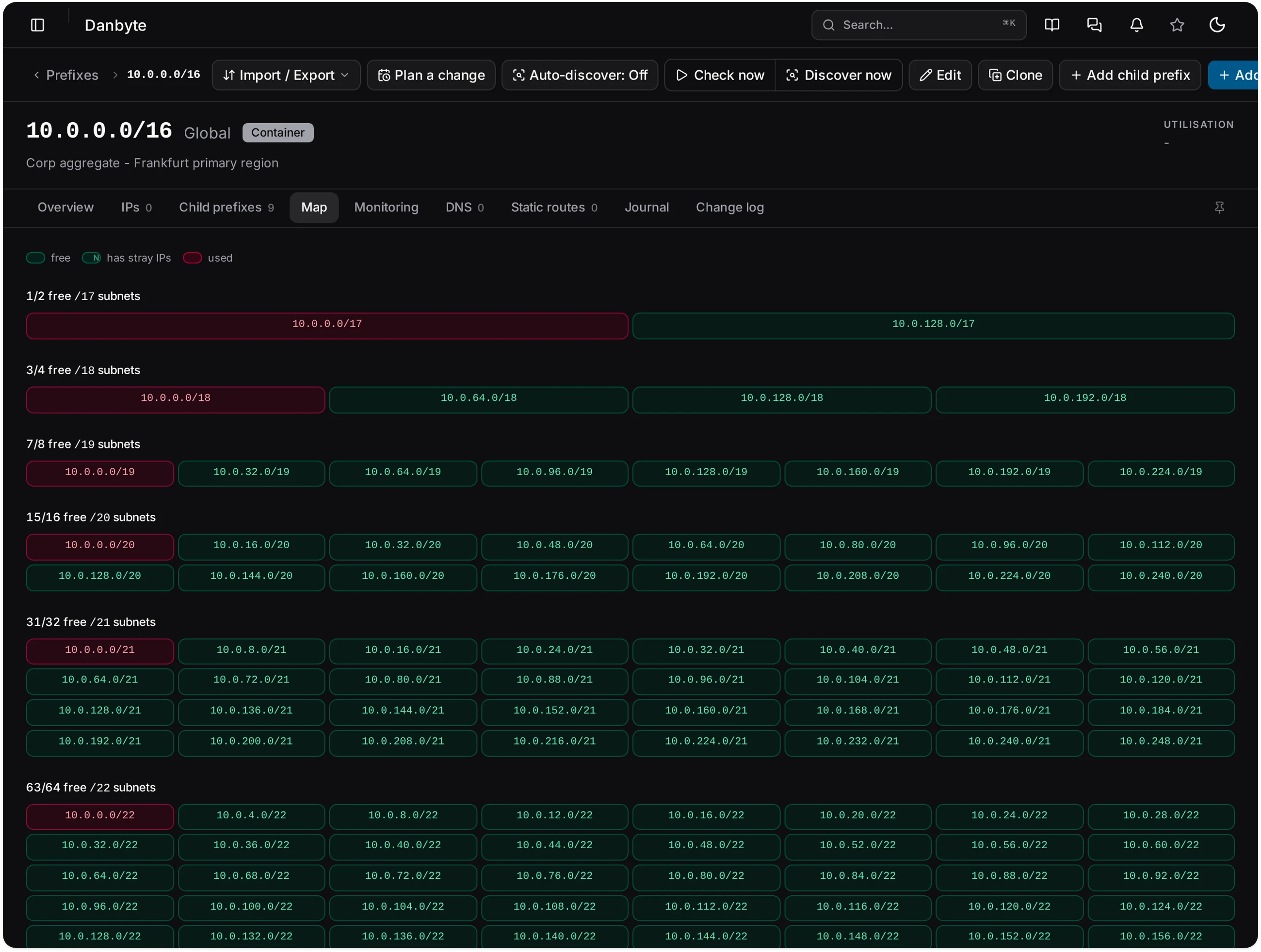 The prefix map of 10.0.0.0/16: free, used and stray-IP subnets by depth
