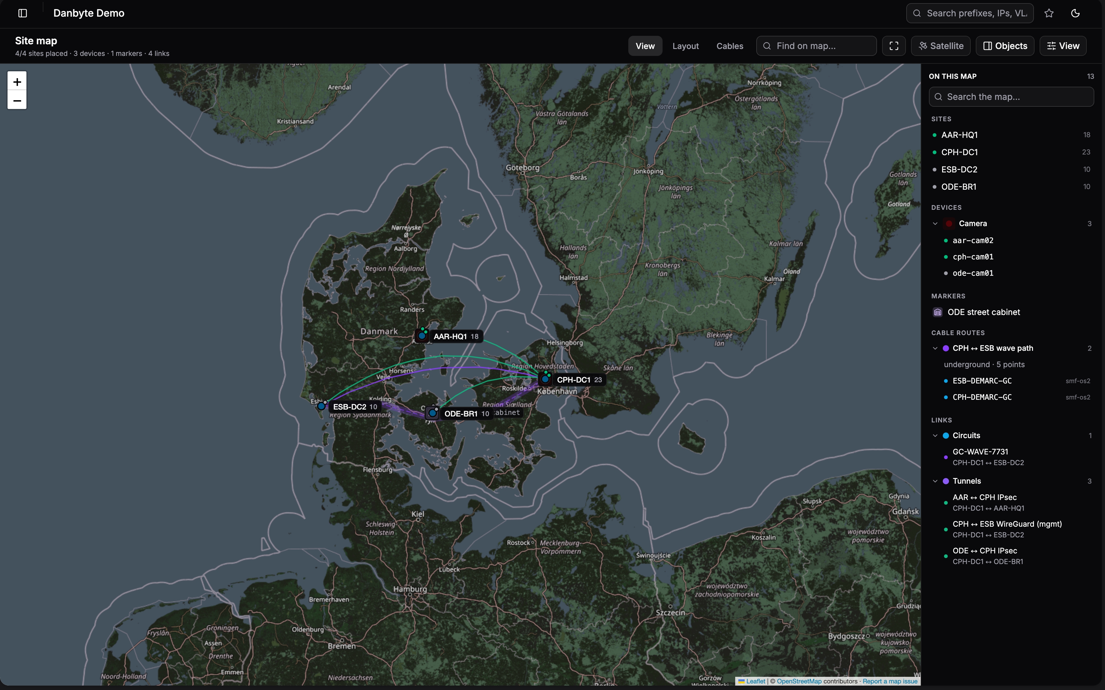 Every site on a real map, with the circuits and fibre between them
