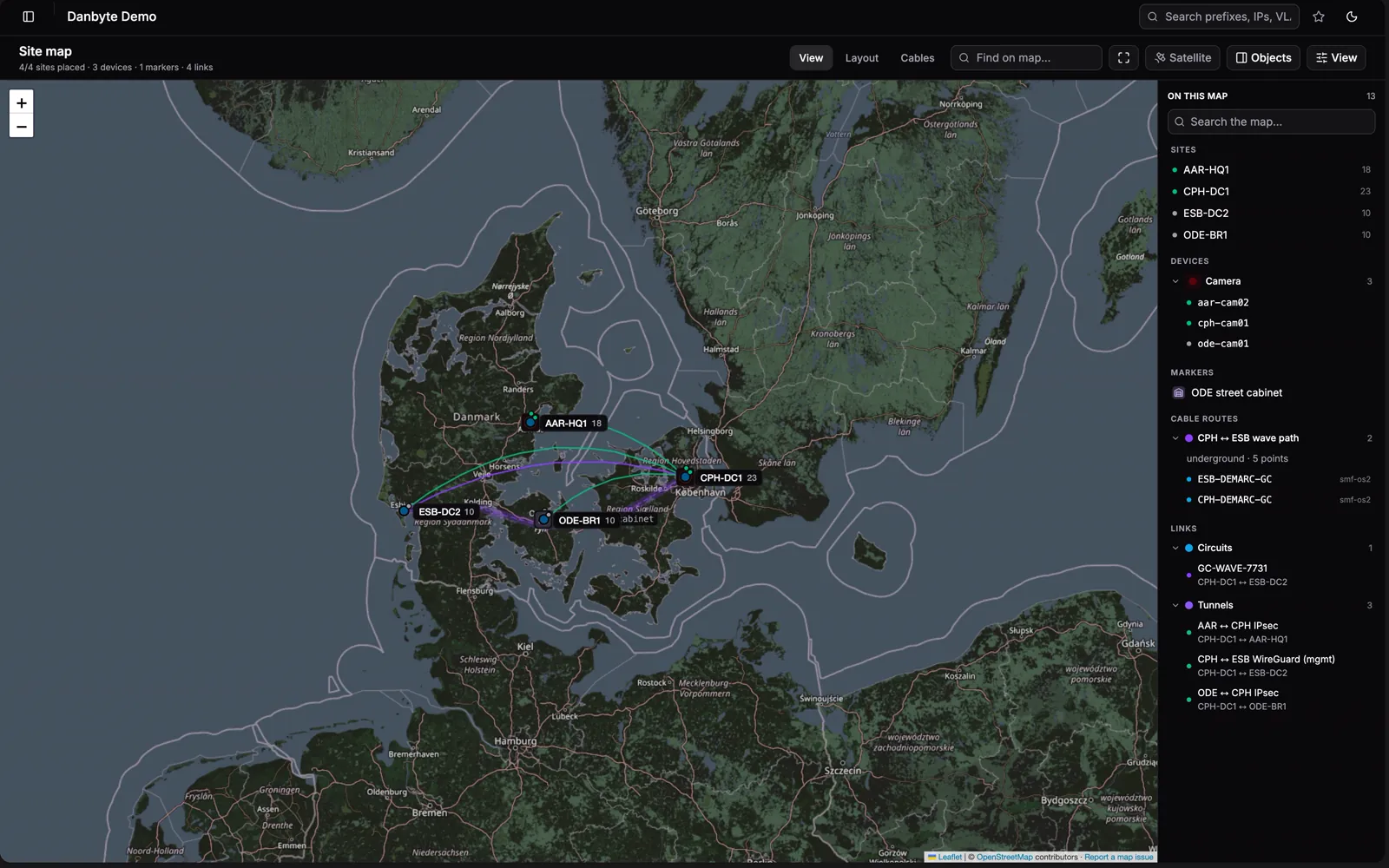 Every site on a real map, with the circuits and fibre between them