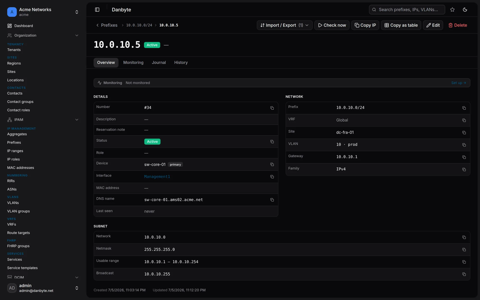 An IP address detail view — status, role, DNS, MAC, assigned interface and history.