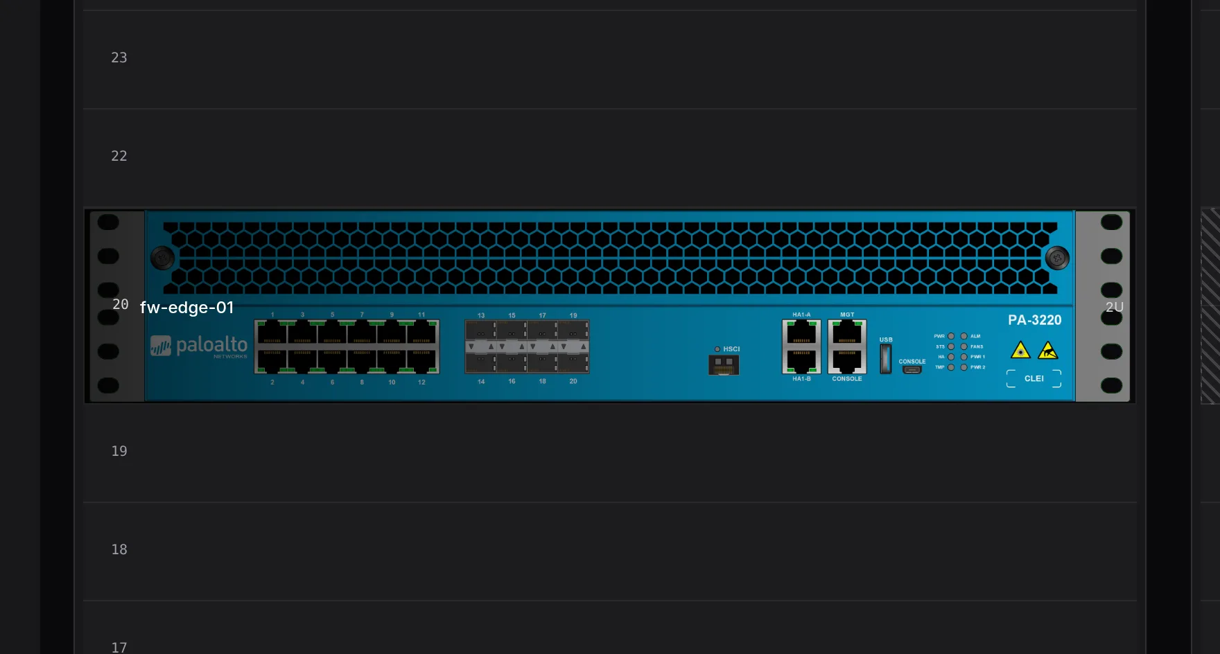 Import a device type and its real front-panel photo renders in the rack — here a Palo Alto PA-3220.