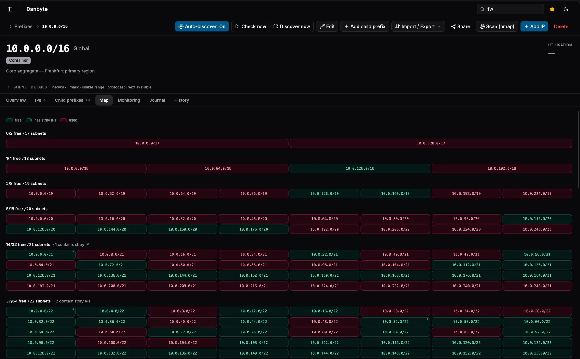 The space map shows what's free, what's used, and where loose IPs hide — click any green block to carve a subnet.