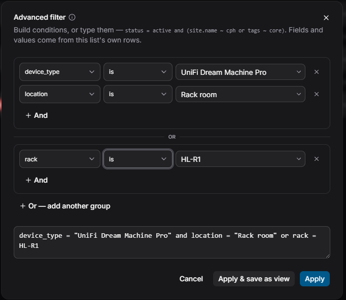 The advanced filter builder — OR-groups of AND-rows, fed by live field values.