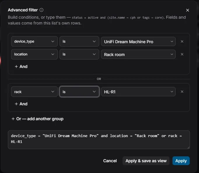 The advanced filter builder — OR-groups of AND-rows, fed by live field values.