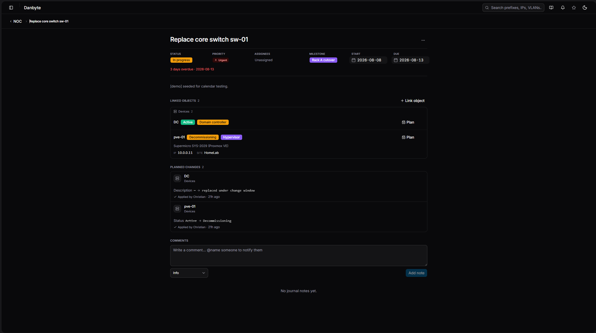 A task, linked to the very devices it changes — with planned-change diffs and a comment thread.