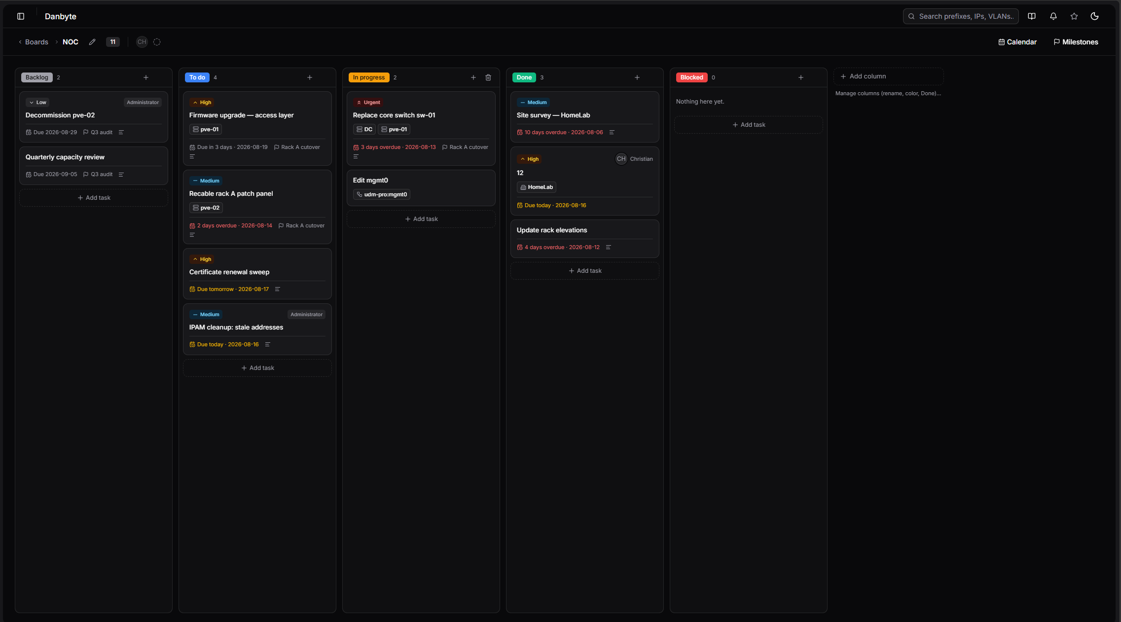 The NOC board — add and remove columns inline; cards carry priority, due dates, milestones and the objects they touch.