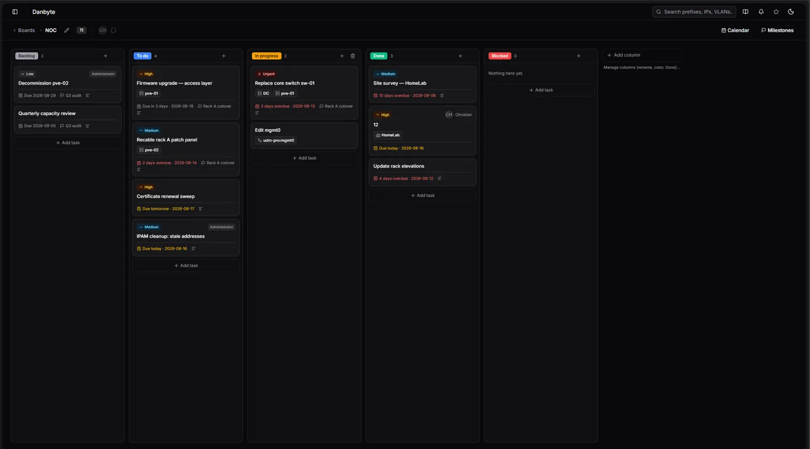 The NOC board — add and remove columns inline; cards carry priority, due dates, milestones and the objects they touch.