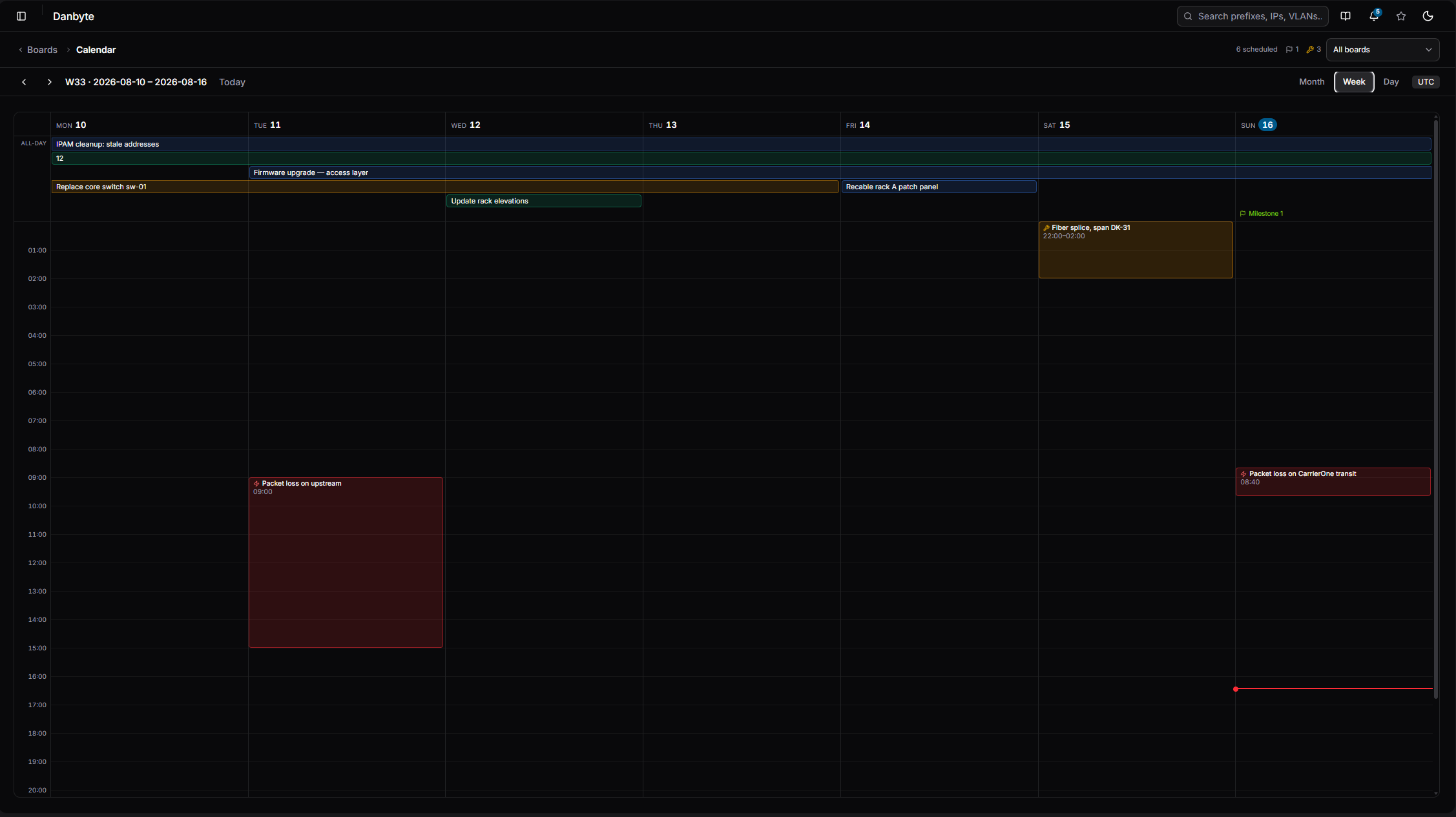 Week — an hour grid with maintenance at real times and a now-line