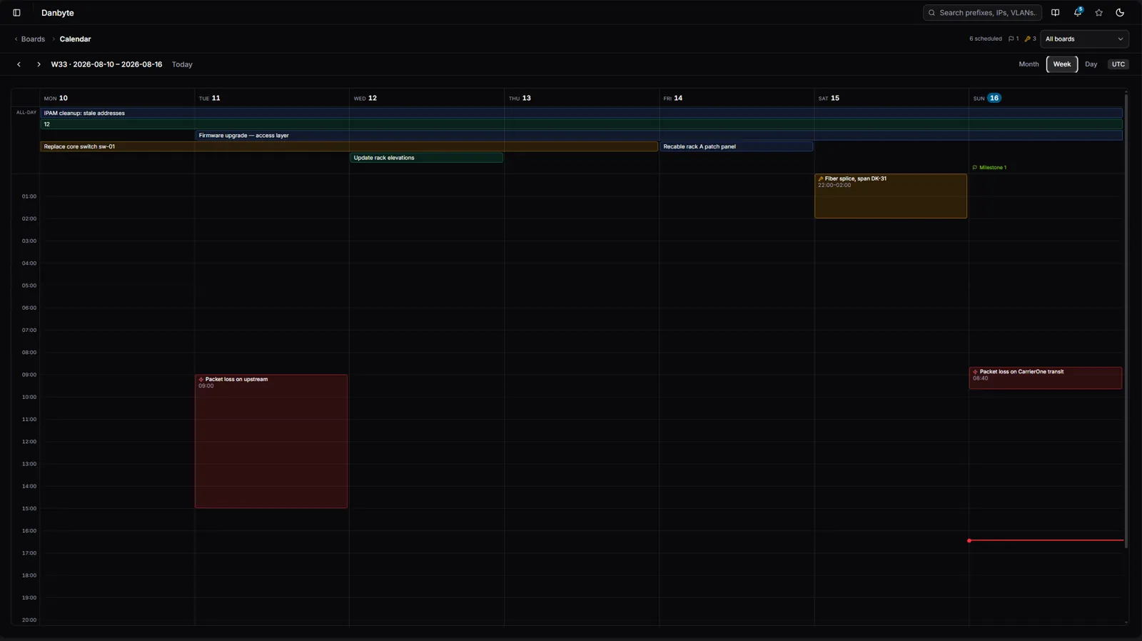 Week — an hour grid with maintenance at real times and a now-line