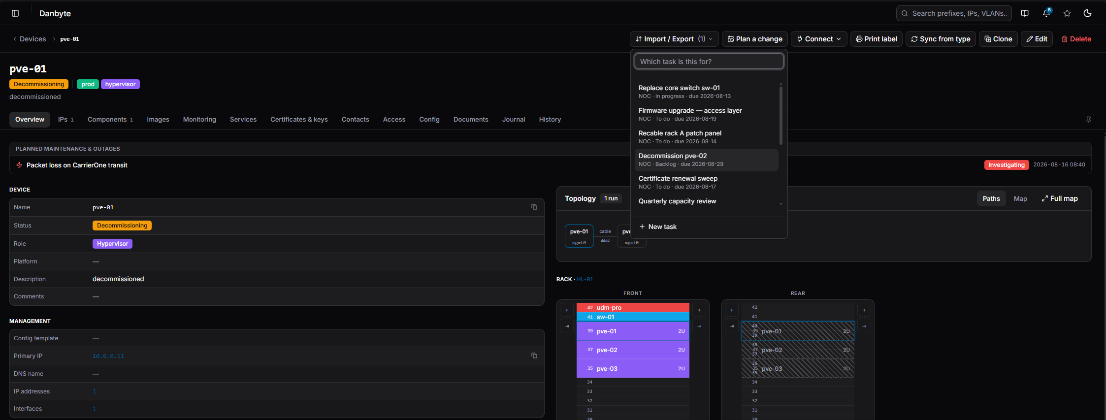 Plan a change from the object's own page — pick or create the task it belongs to.