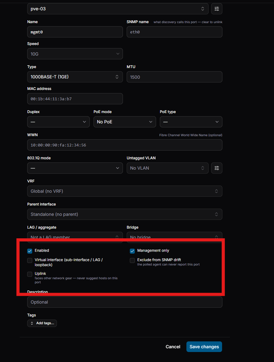 Interface flags — mark uplinks and exclude a port from SNMP drift, so trunks stop generating noise.
