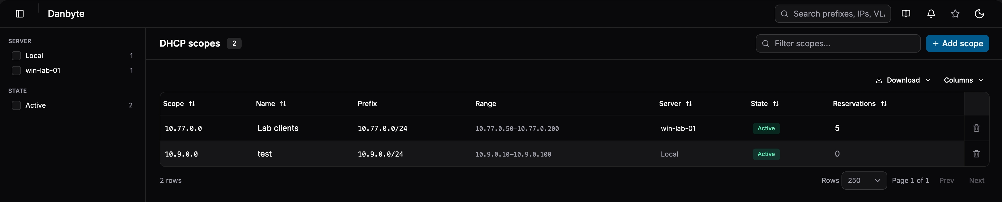 DHCP scopes — from Windows and local, filterable by server and state