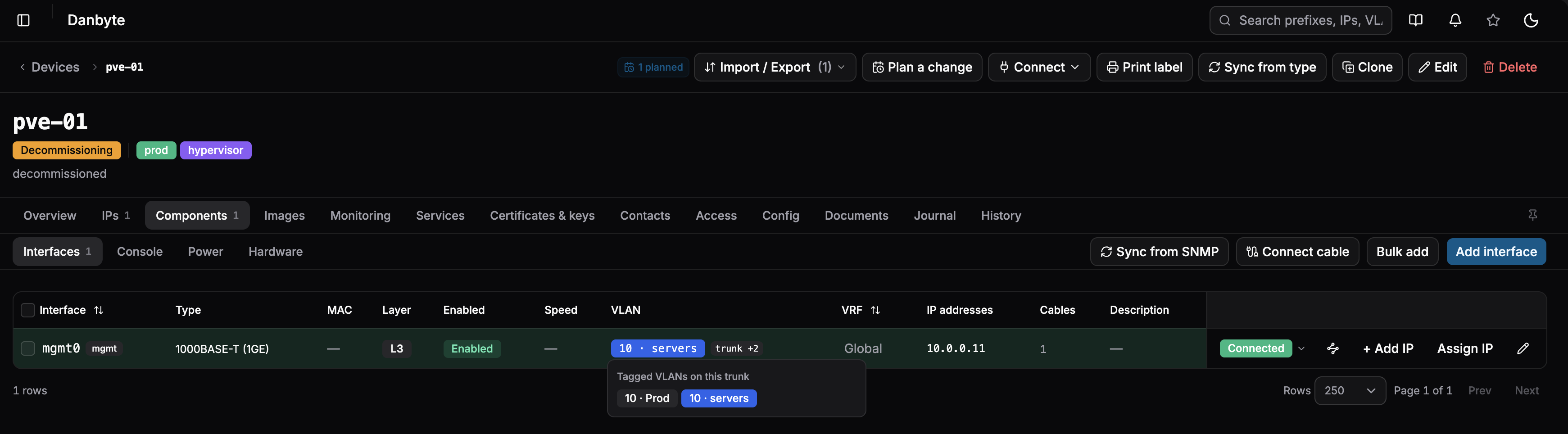 Hover a trunk's VLAN cell and its tagged VLANs expand — as colored badges, not a truncated list.