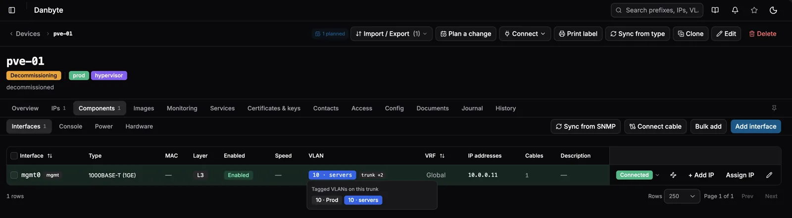 Hover a trunk's VLAN cell and its tagged VLANs expand — as colored badges, not a truncated list.
