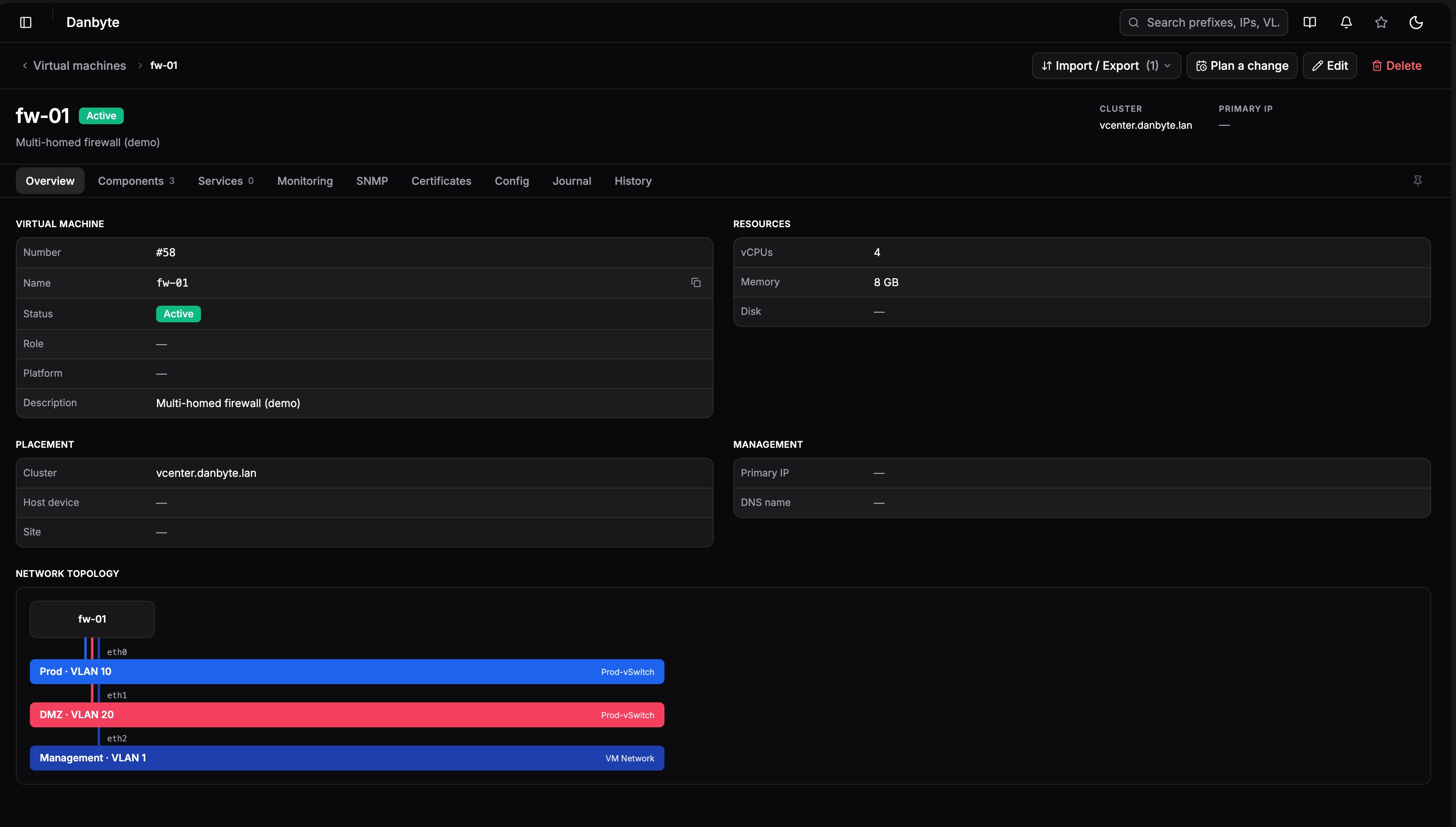 A VM's own page — resources, placement, and its slice of the topology in one view (and yes, VMs get an SNMP tab now).