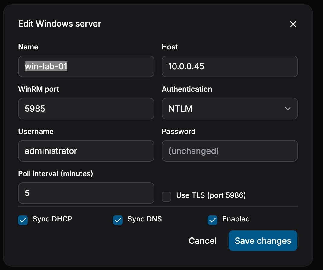 One connection: WinRM port, NTLM or TLS, poll interval, and per-service Sync DHCP / Sync DNS toggles.