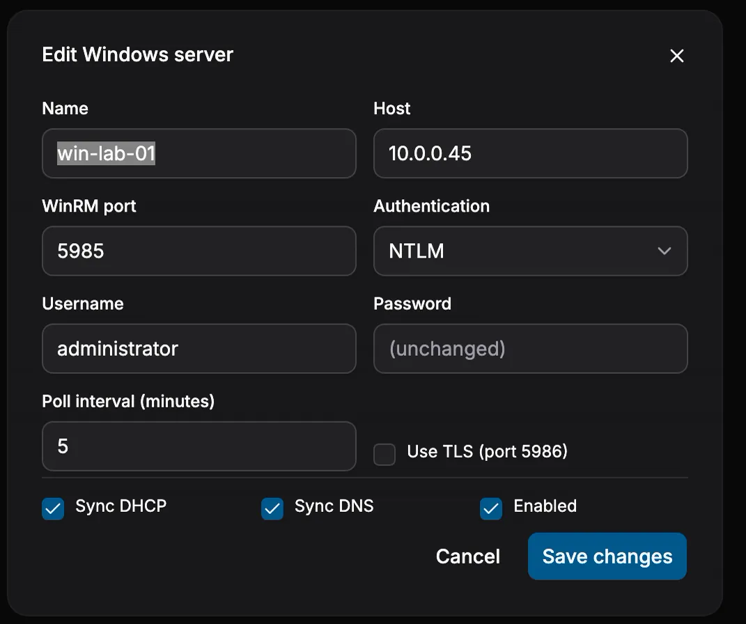 One connection: WinRM port, NTLM or TLS, poll interval, and per-service Sync DHCP / Sync DNS toggles.