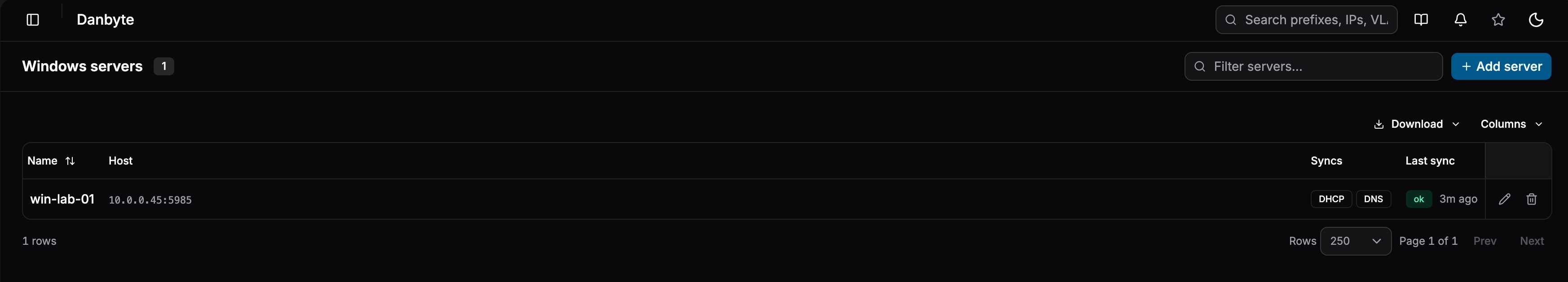 The Windows servers list — win-lab-01 syncing both DHCP and DNS, healthy and three minutes fresh.
