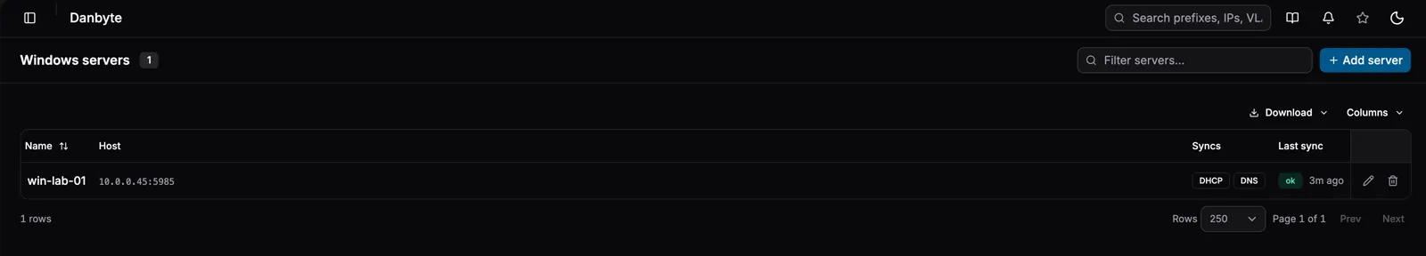 The Windows servers list — win-lab-01 syncing both DHCP and DNS, healthy and three minutes fresh.