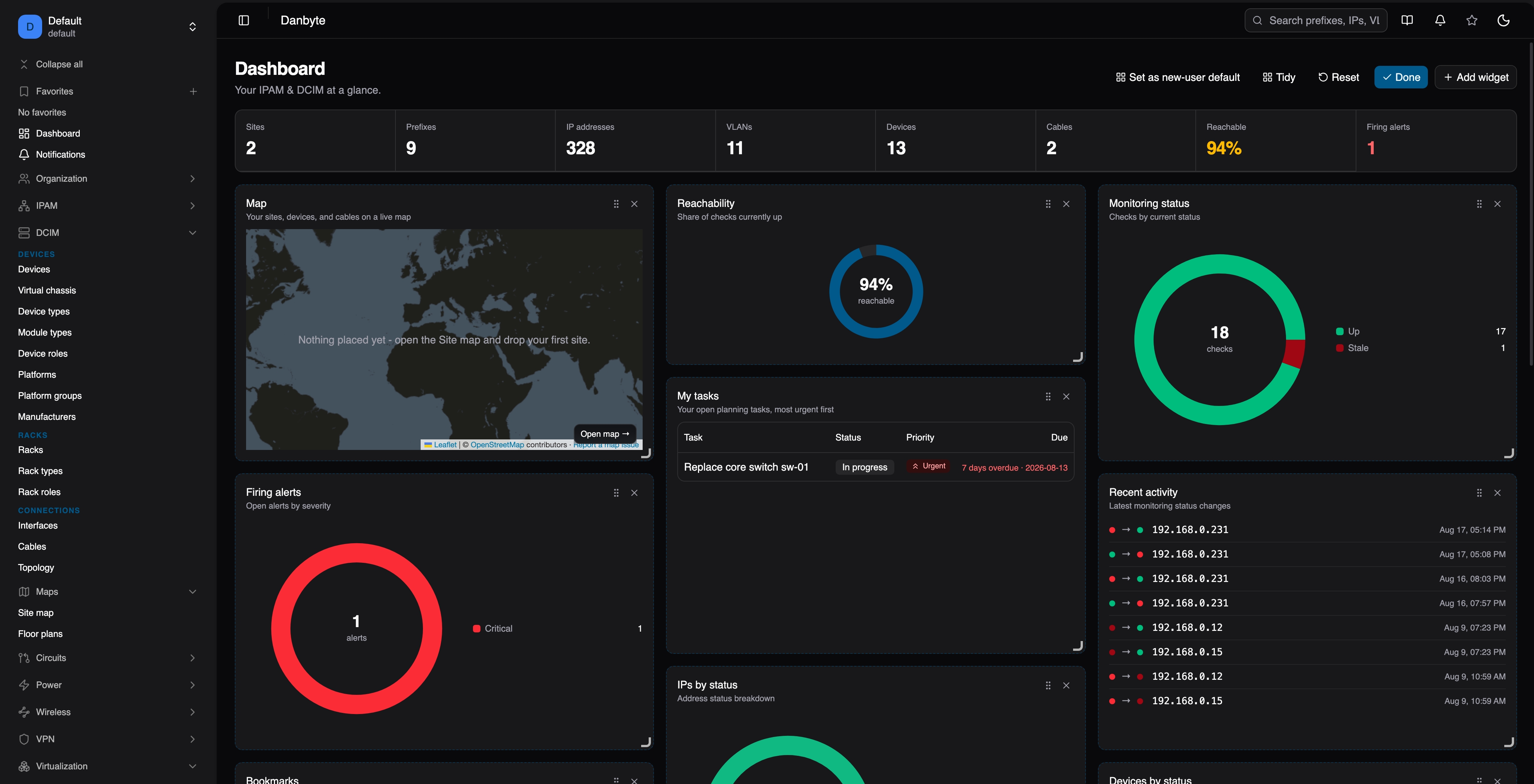 The dashboard on a real grid - drag the handle to move, the corner bracket to resize, Tidy to re-pack; saved to your account. (Note the new sidebar Collapse-all, too.)