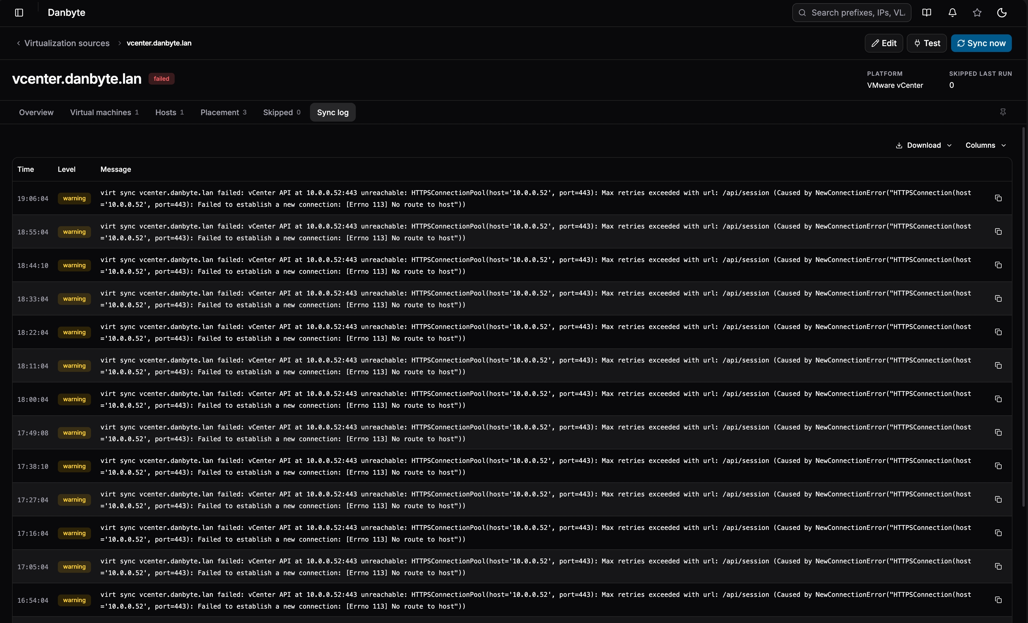 The Sync log tab - every run's actions and warnings as a sortable, exportable table with a copy button per line (here, a vCenter gone unreachable - exactly the line you'd paste into an issue).