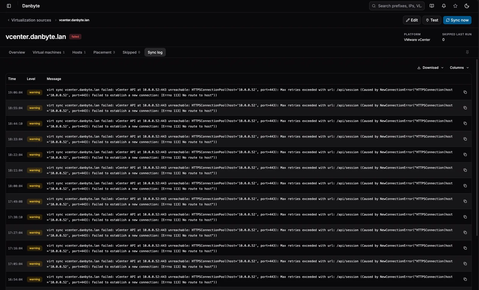 Every sync run's actions and warnings as a sortable, exportable table.