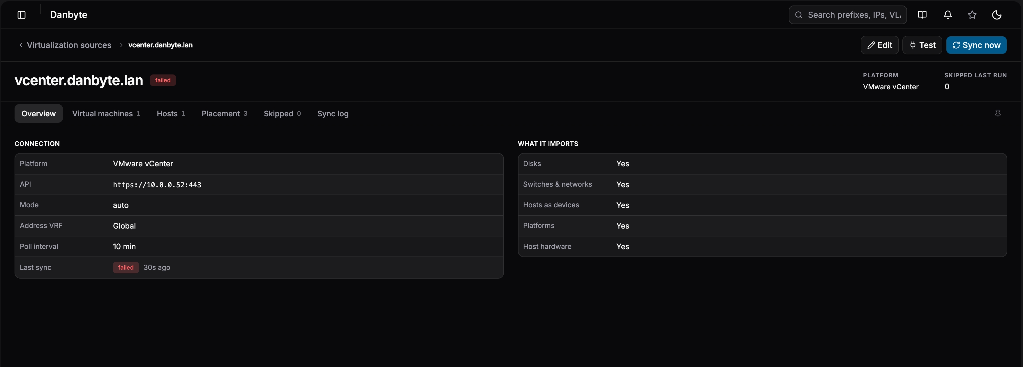 A vCenter source's imports - Hosts as devices, Host hardware and Platforms all on, with a new Hosts tab beside Virtual machines.