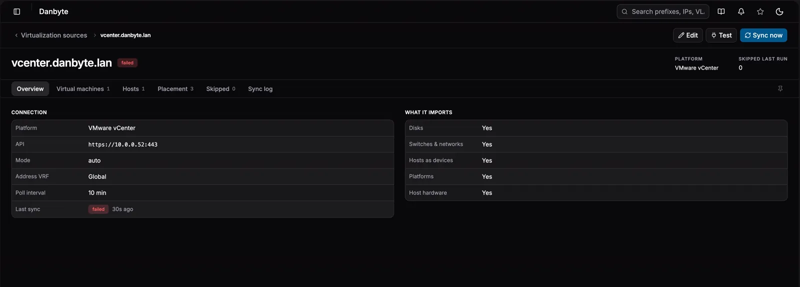 A vCenter source's imports - Hosts as devices, Host hardware and Platforms all on, with a new Hosts tab beside Virtual machines.
