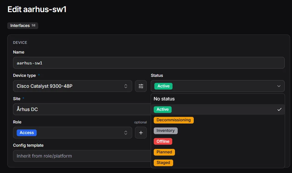The status picker on a device form: the same coloured badges the tables show.