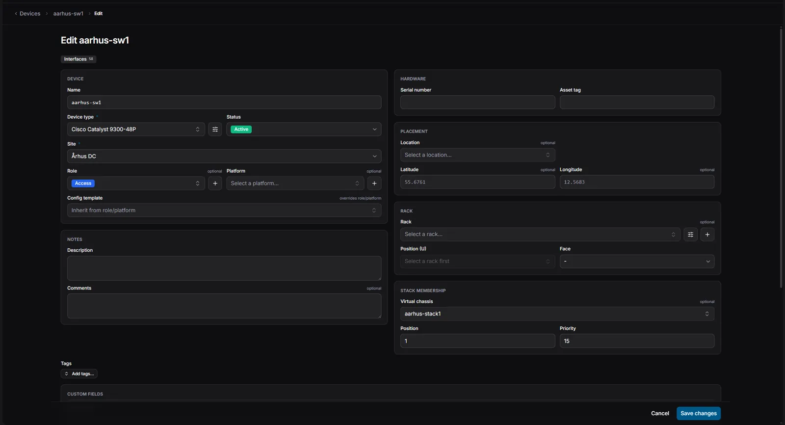 Editing a device on the new layout: sections as cards in two columns, coloured status and role pickers, custom fields in their own card at the bottom.