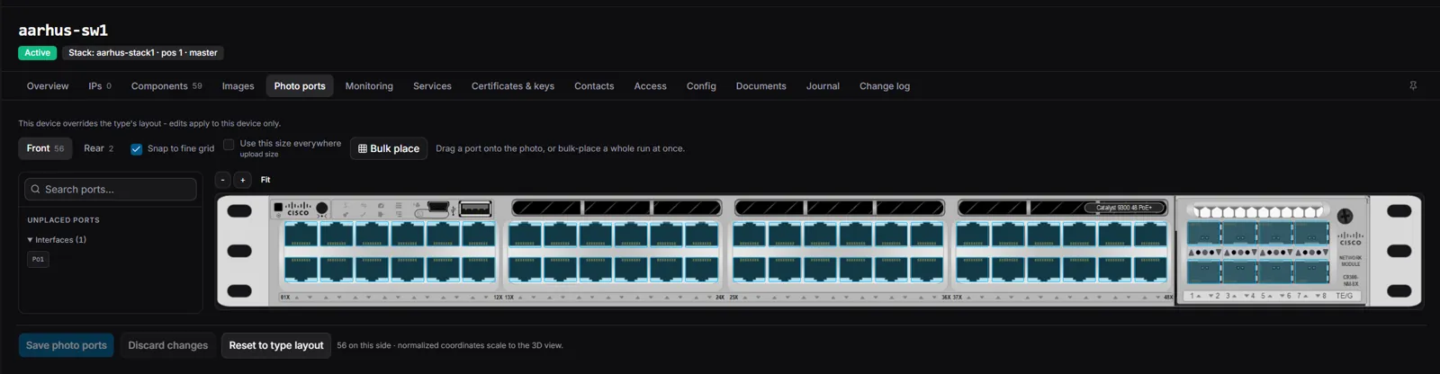 aarhus-sw1's Photo ports tab, overriding the type's layout, with Reset to type layout next to Save.