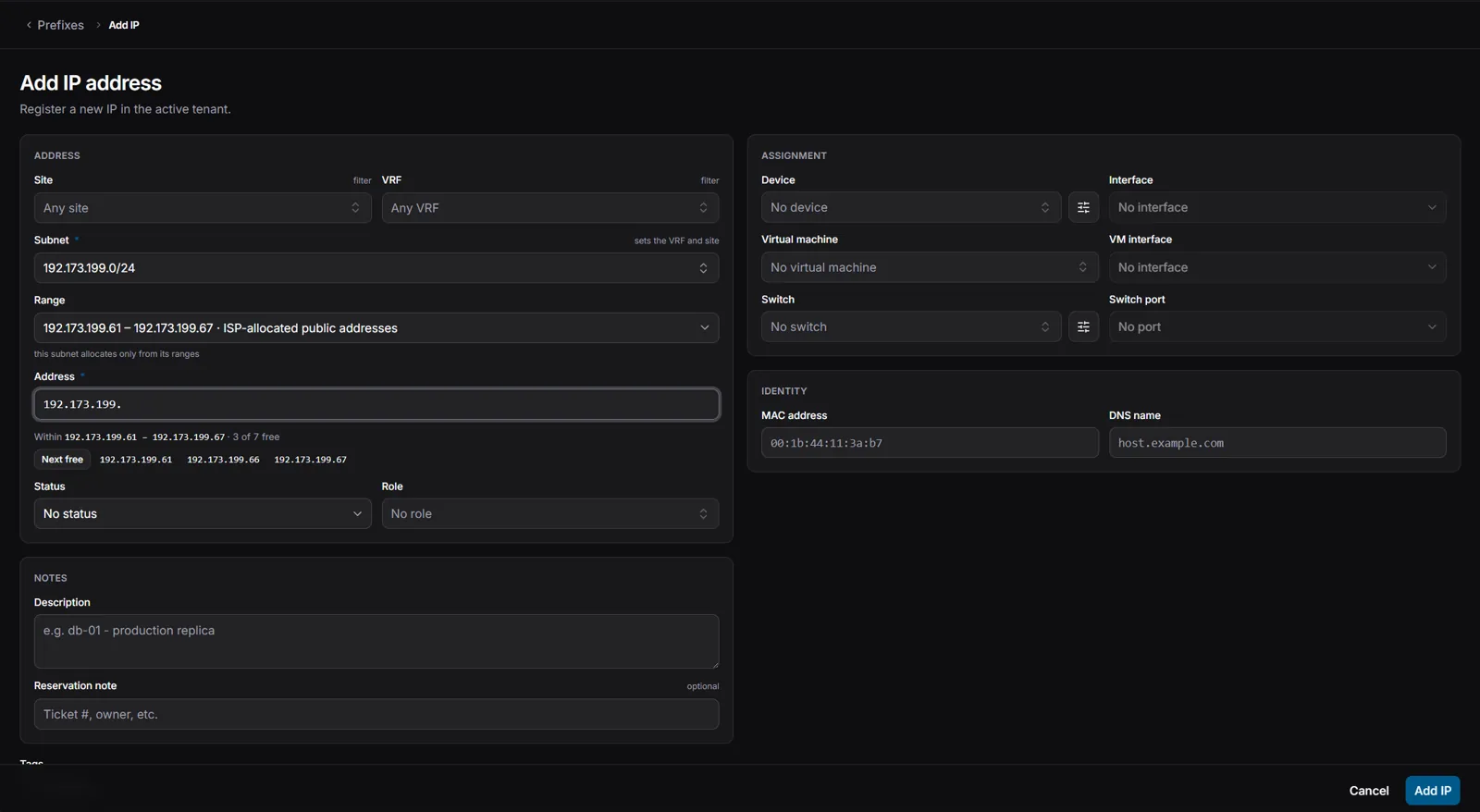 Adding an address inside 192.173.199.0/24: the Range field, 3 of 7 free, Next free and the one-click picks.