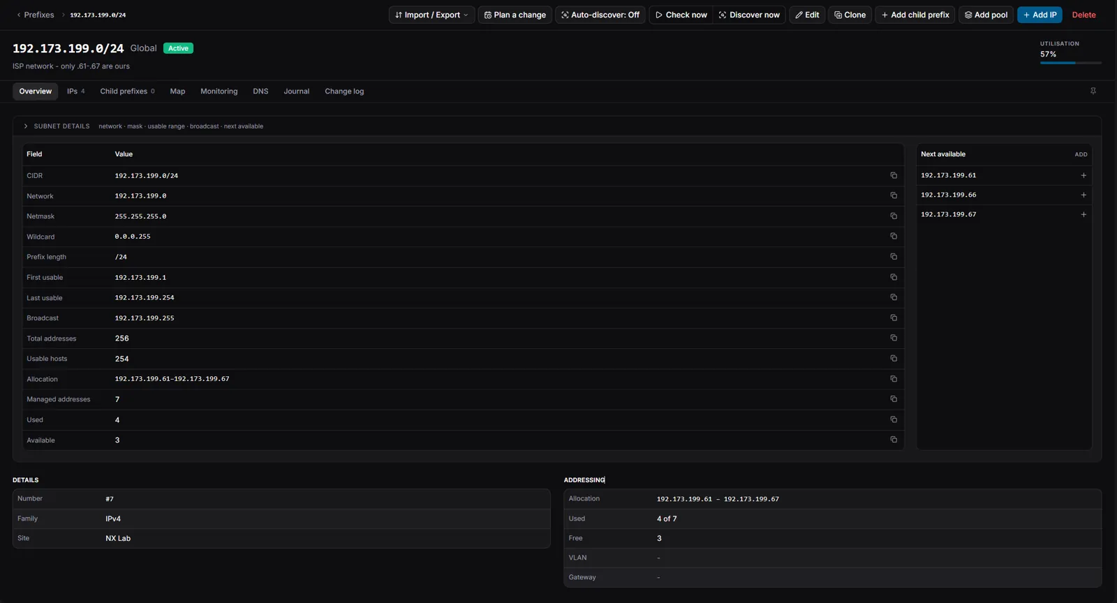 The prefix page with Allocate only from ranges on: Used 4 of 7, and the allocation rows in Subnet details.