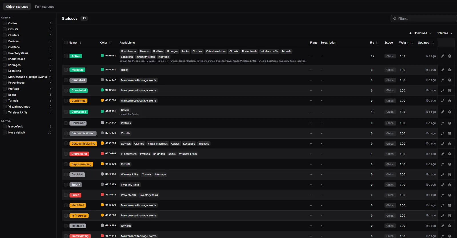 The statuses list with the new Color column.