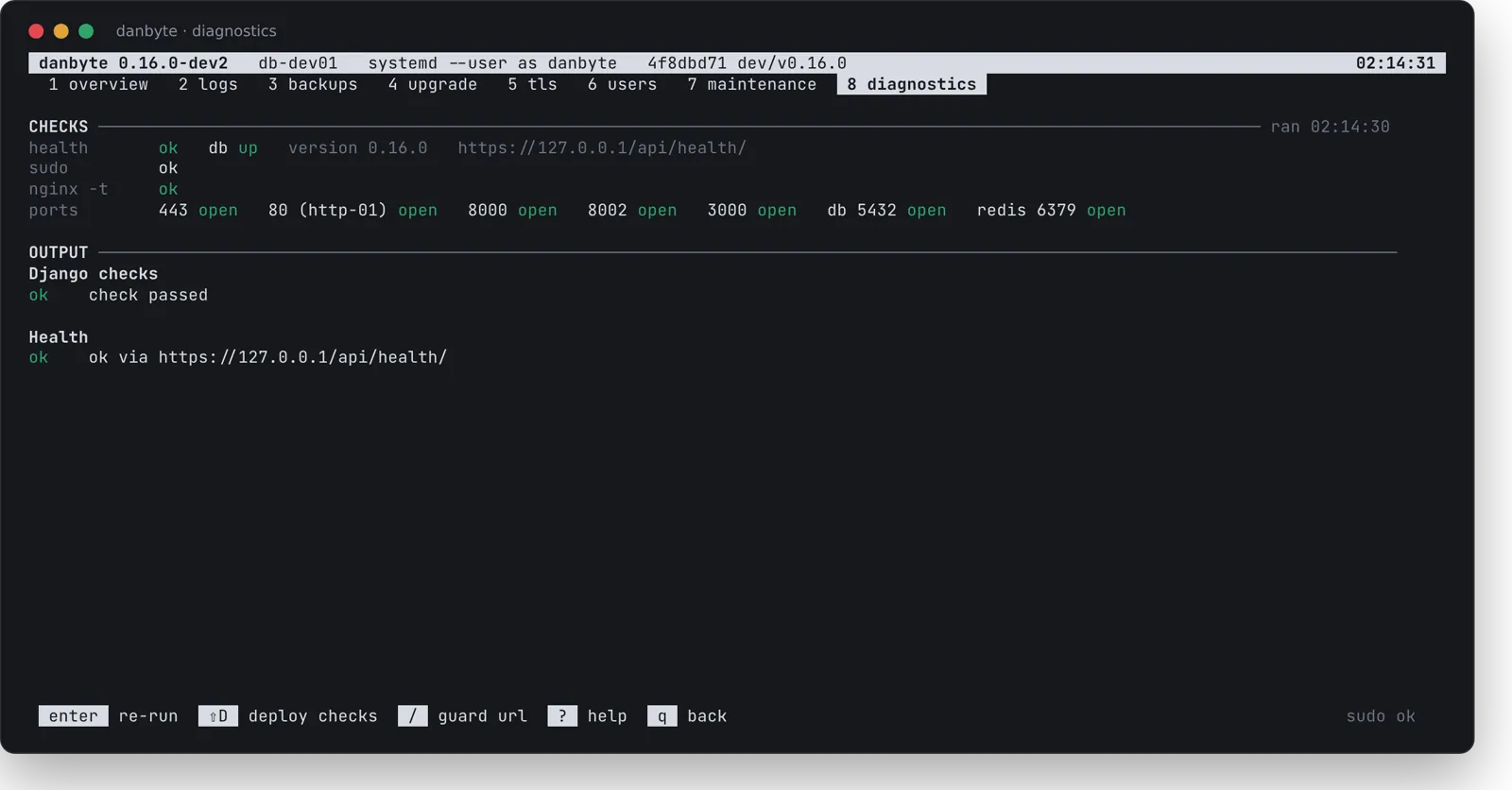 Diagnostics: health, database, nginx -t, and every port probed. 80 is optional; only HTTP-01 needs it.