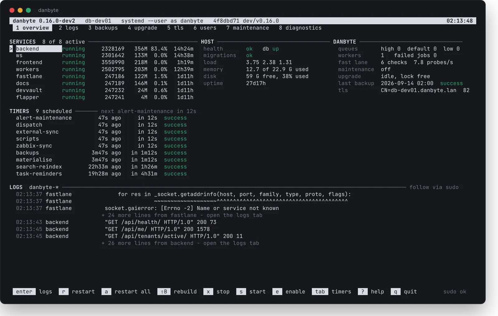The console's overview: services and timers on the left with their last results, host and Danbyte facts on the right, the journal underneath and the key bar along the bottom.