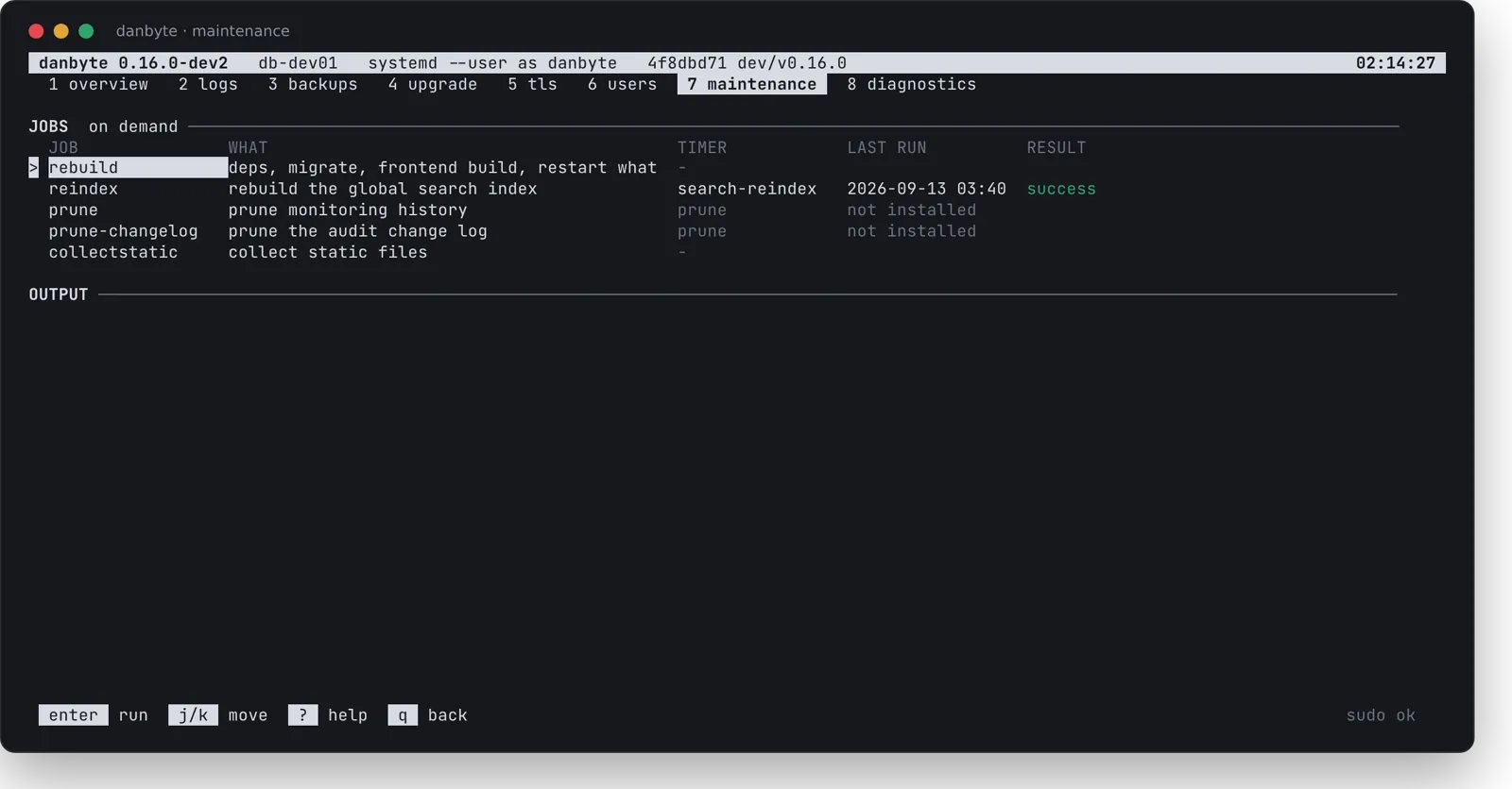 Maintenance: rebuild listed first, then the scheduled jobs with their timers and last results.
