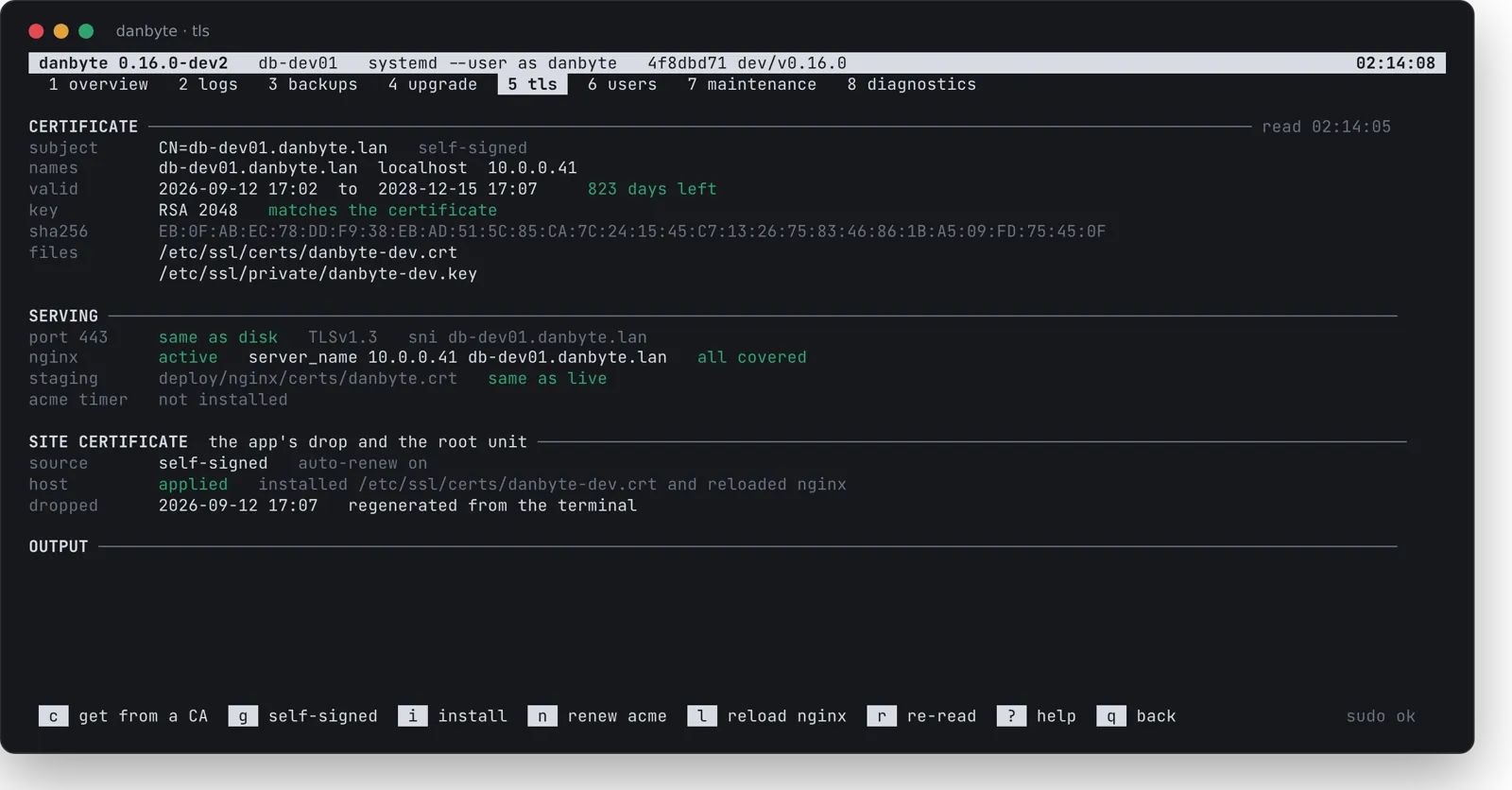 The tls tab: the certificate on disk, what port 443 serves, both server names covered, and the site-certificate source and apply result.
