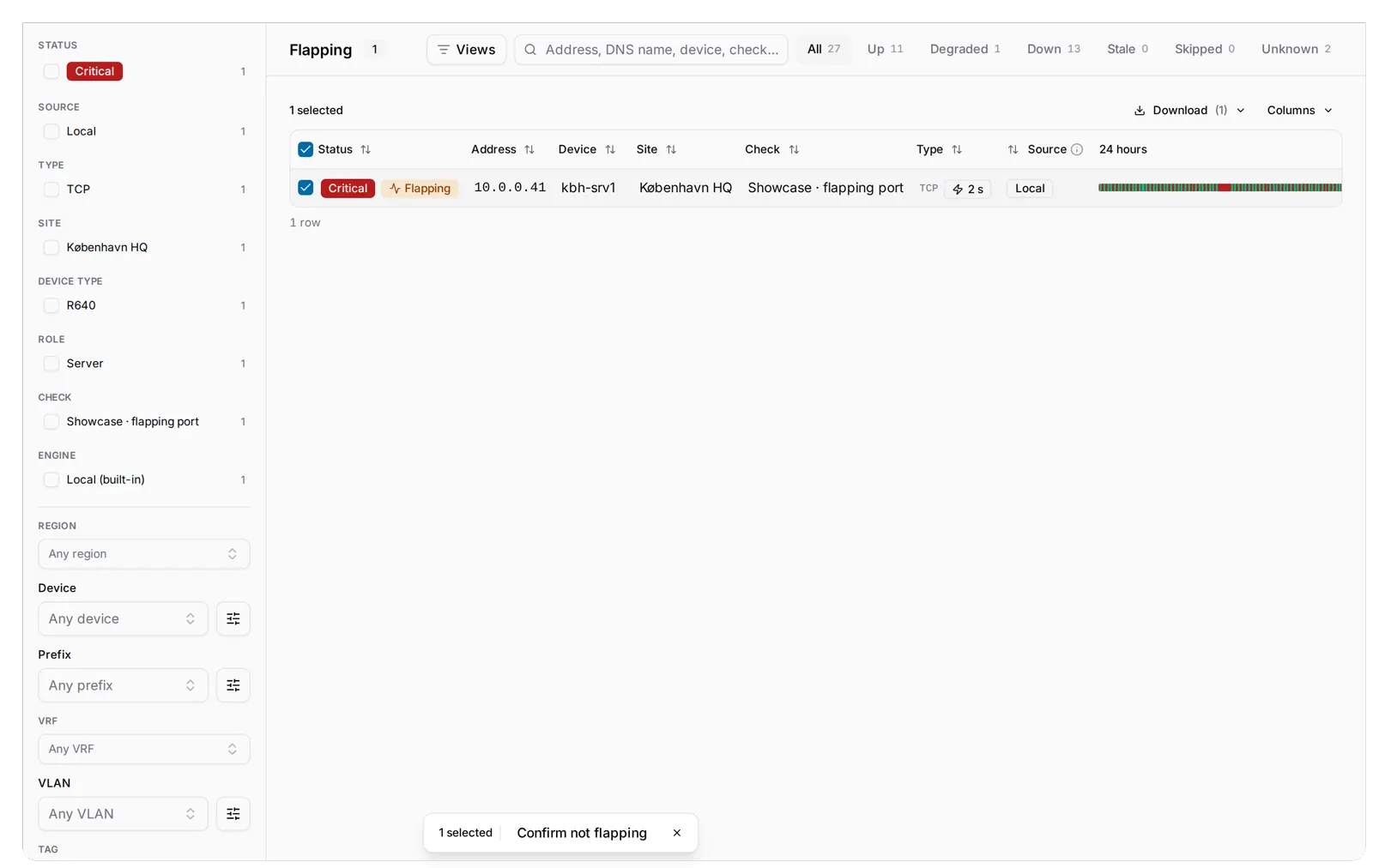 The Flapping tab with its one row ticked and the floating bar reading 1 selected · Confirm not flapping.