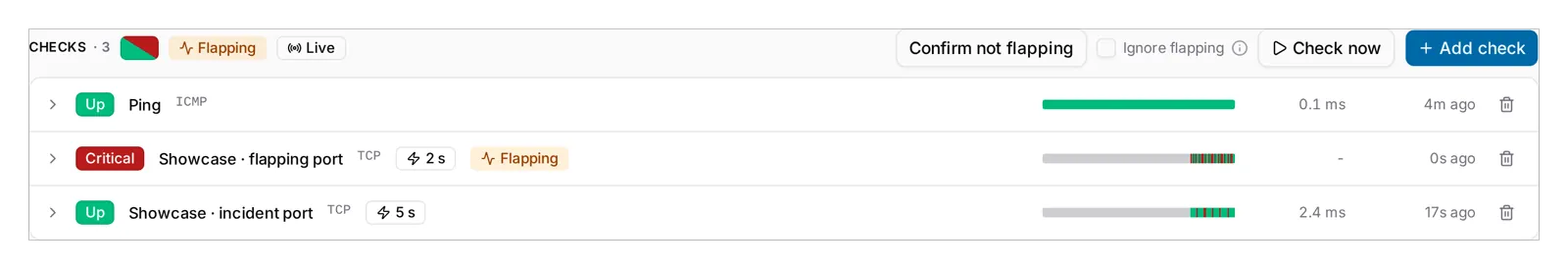 The Checks section on 10.0.0.41: the split badge, the Flapping pill and the Live badge in the header, then Confirm not flapping, the Ignore flapping checkbox, Check now, Notify me and Add check. The flapping port is Up but flagged, and its strip shows the alternation.