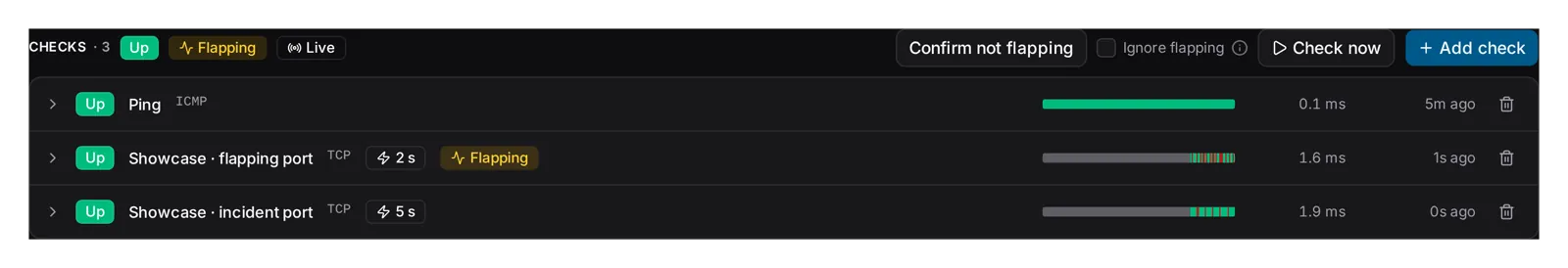 The Checks section on 10.0.0.41: the split badge, the Flapping pill and the Live badge in the header, then Confirm not flapping, the Ignore flapping checkbox, Check now, Notify me and Add check. The flapping port is Up but flagged, and its strip shows the alternation.