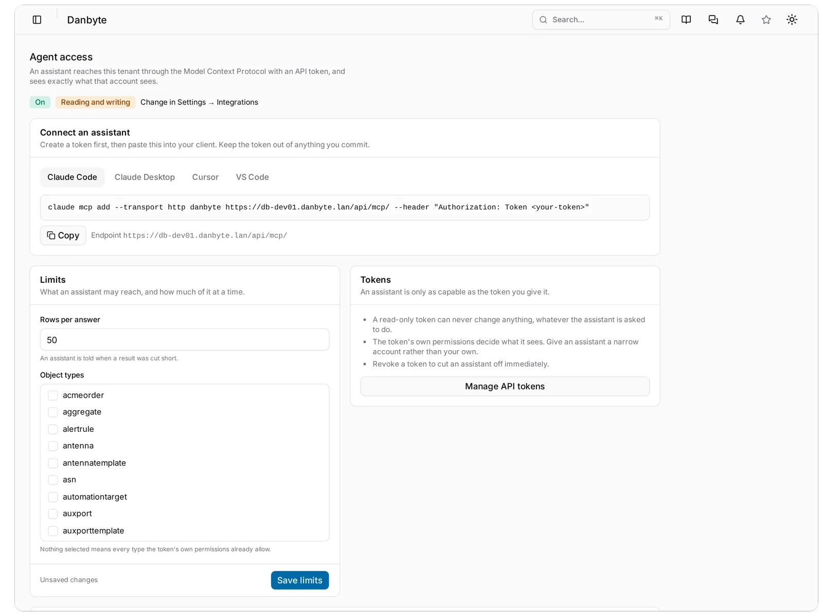 The Agent access page: the Claude Code connect snippet with the deployment's URL, the Limits card with Rows per answer and an Object types checklist, and the Tokens card.