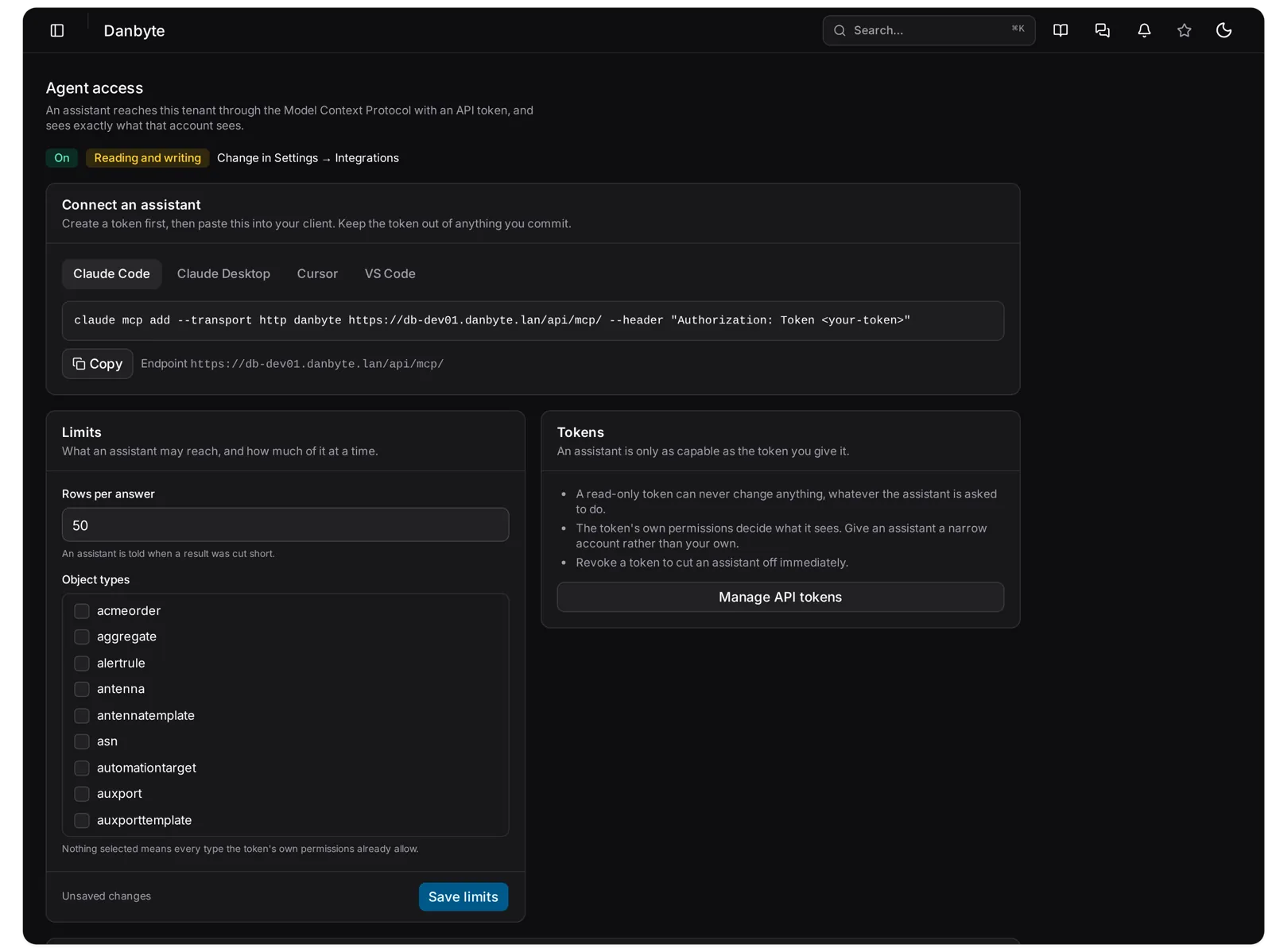 The Agent access page: the Claude Code connect snippet with the deployment's URL, the Limits card with Rows per answer and an Object types checklist, and the Tokens card.