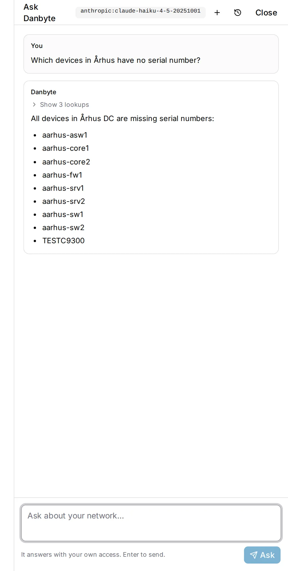 Ask Danbyte: a question about Århus, the lookup it made, and the answer, with the model named in the header.