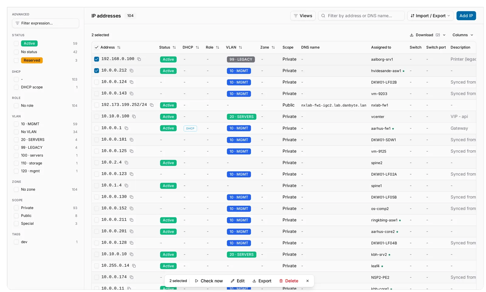 Two addresses ticked on the IP addresses list, and the bar at the bottom: 2 selected, Check now, Edit, Export, Delete.