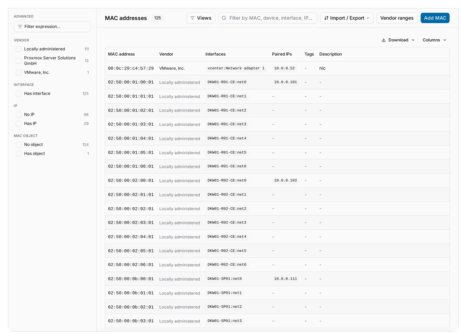 The MAC addresses list with the new Vendor column: 00:0c:29 resolves to VMware, and a locally administered block reads as such.