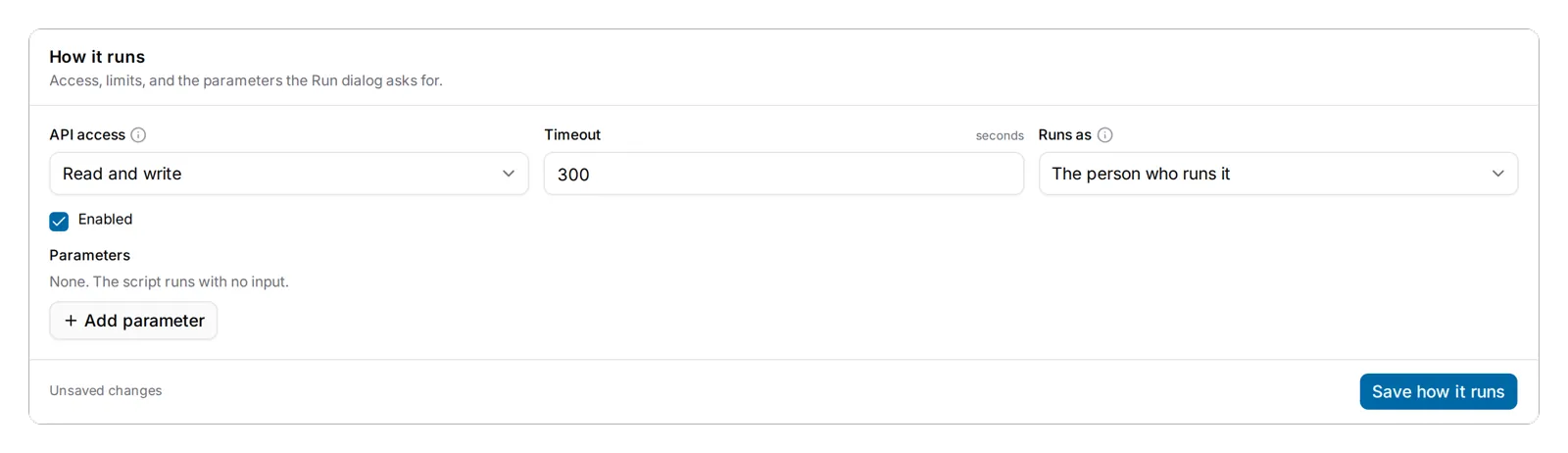 The How it runs card: API access, Timeout, Runs as, Enabled, and the Trusted state with a Make sandboxed button.